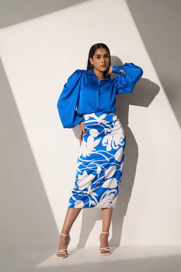 Women's Blue Shirt with Floral Printed skirt